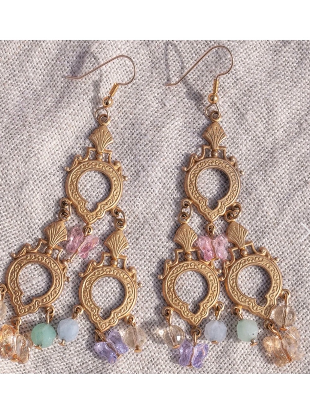 Vintage Inspired Gold Filigree Chandelier Earrings with Pastel Beads